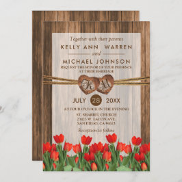 Monogram Wood Hearts with Red Tulips Einladung