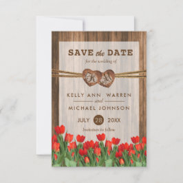 Monogram Wood Hearts with Red Tulips Save The Date