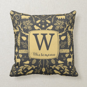 Monogram Woodland Holiday Throw Kissen / Gold