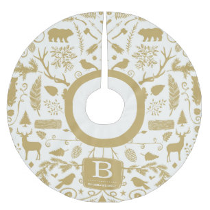 Monogram Woodland Holiday Tree Skirt / Gold Polyester Weihnachtsbaumdecke