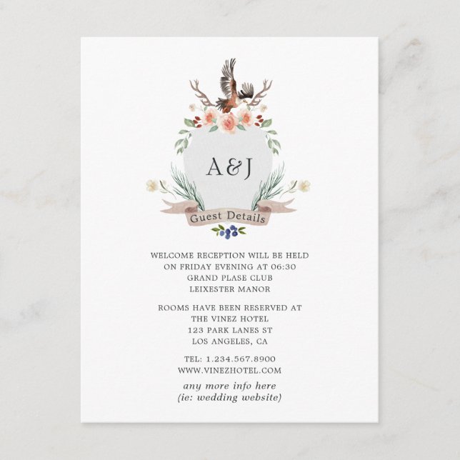 Monogram Woodland Wappen Wedding Guest Details Begleitkarte (Vorderseite)
