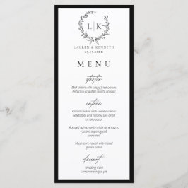 Monogram Wreath Black | White Wedding Menu Card Menükarte