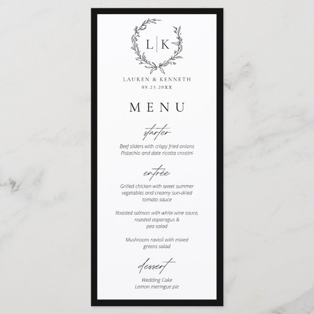 Monogram Wreath Black | White Wedding Menu Card Menükarte (Vorderseite)