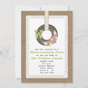 Monogram Wreath Burlap  Housewarming Party Einladung