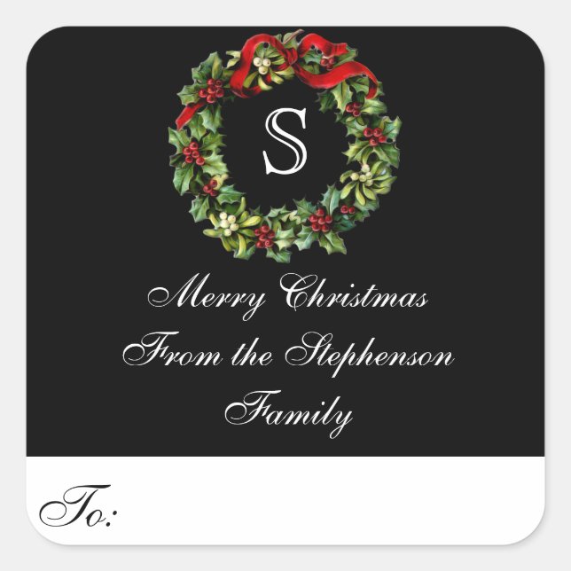 Monogram Wreath Custom Christmas-Geschenketikett Quadratischer Aufkleber (Vorderseite)
