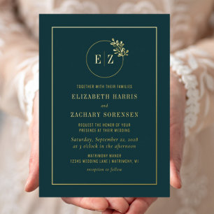 Monogram Wreath Emerald Green Gold Wedding Folieneinladung