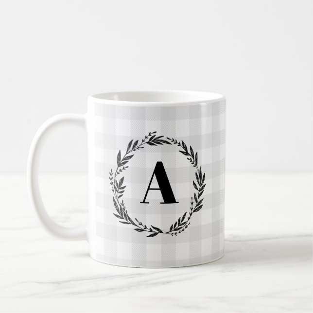 Monogram Wreath Gray Karo Pattern Kaffeetasse (Links)