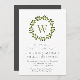 Monogram Wreath Green Wedding Einladung
