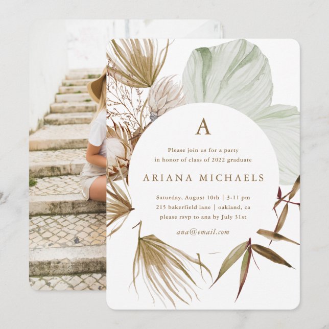 Monogram Wreath One Foto Graduation Party Einladung (Vorne/Hinten)