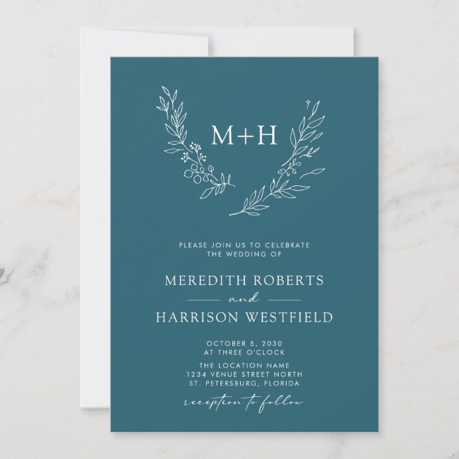 Monogram Wreath QR Code Aquamarin Blue Wedding Einladung (Vorderseite)