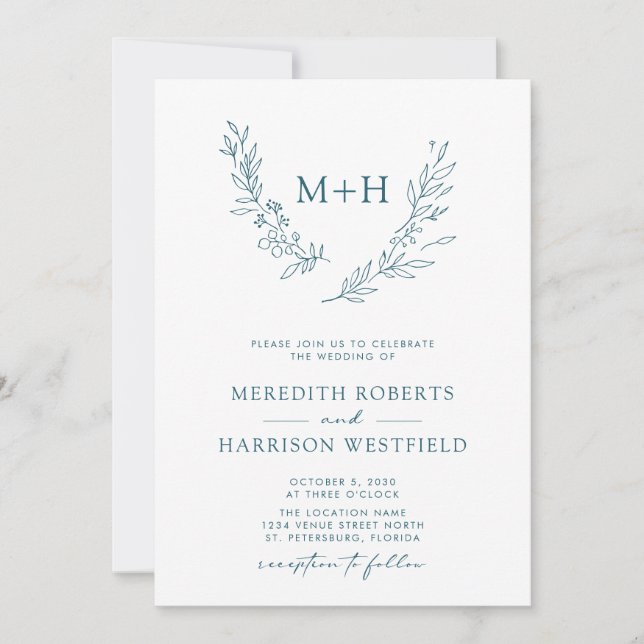 Monogram Wreath QR Code Aquamarin Blue Wedding Einladung (Vorderseite)