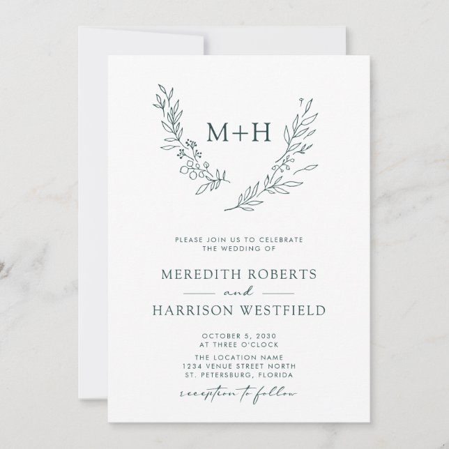Monogram Wreath QR Code Forest Green Wedding Einladung (Vorderseite)