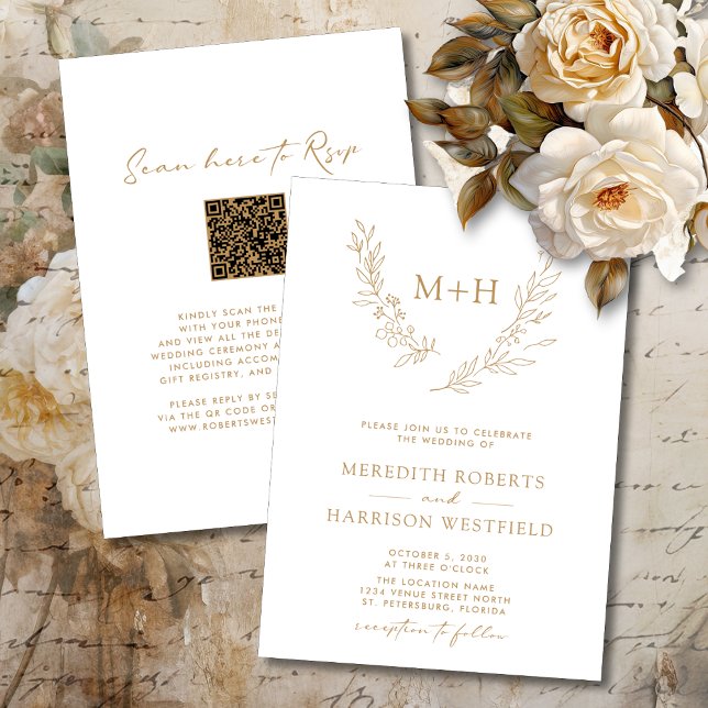 Monogram Wreath QR Code Gold auf White Wedding Einladung (Elegant Monogram Laurel Wreath QR Code RSVP Double Sided Gold 
 on White Wedding Invitation)