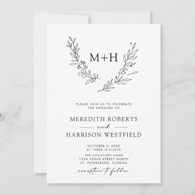 Monogram Wreath QR Code Schwarz-Weiß Hochzeit Einladung (Vorderseite)