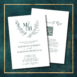 Monogram Wreath QR Code Smarald Green Wedding Einladung