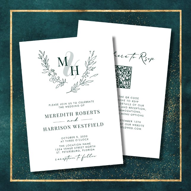 Monogram Wreath QR Code Smarald Green Wedding Einladung (Elegant Monogram Laurel Wreath Emerald Green QR Code Double Sided Wedding Invitation)