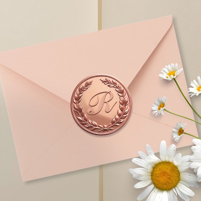 Monogram Wreath Rose Gold Imitats Wachs Siegel Sti Runder Aufkleber (Monogram Wreath Rose Gold Faux Wax Seal Stickers)
