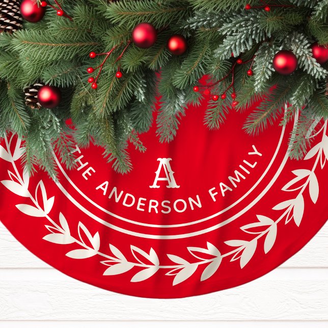 Monogram Wreath Strived Modern Red Christmas Polyester Weihnachtsbaumdecke (Von Creator hochgeladen)