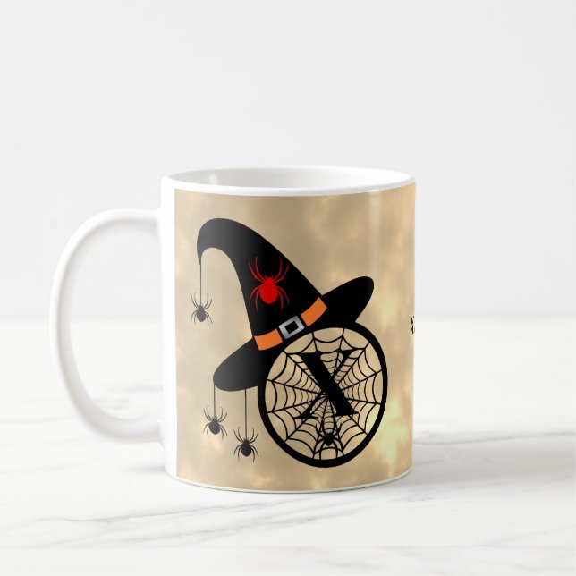 Monogram X Halloween Sky Hexenspinnen Name Kaffeetasse (Links)