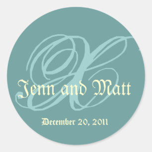 Monogram X Wedding Names Date Blue Cream Siegel Runder Aufkleber