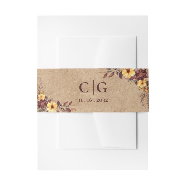 Monogram Yellow & Burgundy Fall Floral Wedding Einladungsbanderole (Vorderseite Beispiel)