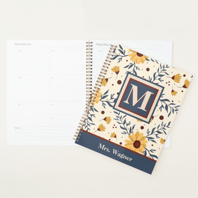 Monogram Yellow Daisy Floral Teacher Initial Planer (Anzeige)