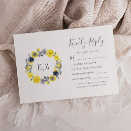 Monogram Yellow Graue Floral Wreath Wedding RSVP Karte