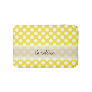Monogram Yellow White Trendy Fun Polka Dot Pattern Badematte