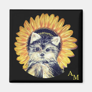 Monogram, Yorkshire Dog & Sunflower auf Black Magnet