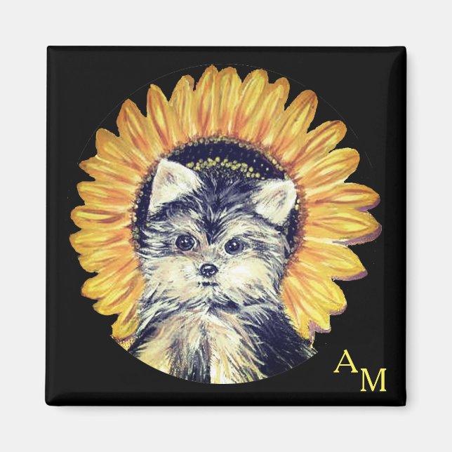 Monogram, Yorkshire Dog & Sunflower auf Black Magnet (Vorne)