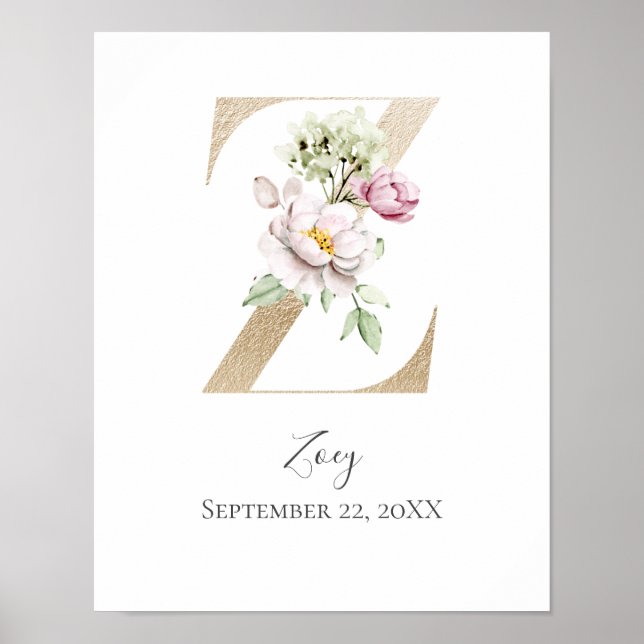 Monogram Z Pink White Floral Gold Letter Kinderzim Poster (Vorne)