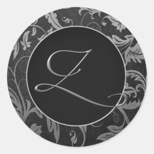 Monogram Z Silver and Black Damask Wedding Siegel Runder Aufkleber