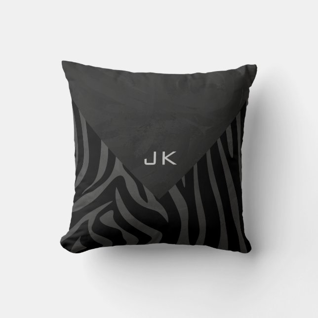 Monogram Zebra Black und Grau Kissen (Vorderseite)