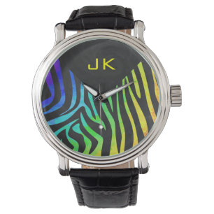 Monogram Zebra Black und Regenbogen Print Armbanduhr