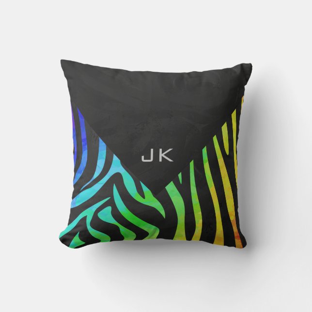 Monogram Zebra Black und Regenbogen Print Kissen (Vorderseite)