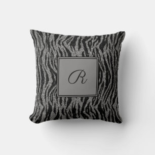 Monogram Zebra Print Black Gray Silver Trendy Kissen