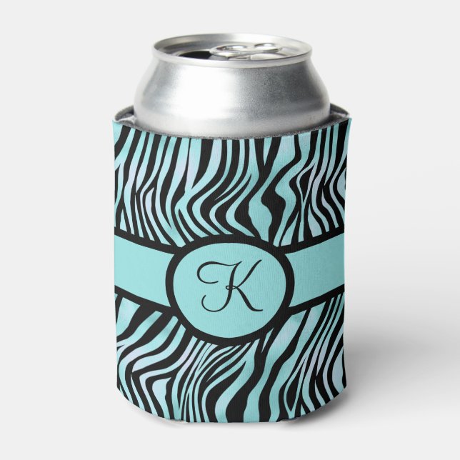 Monogram Zebra print Schwarz und Aquamarin Türkis Dosenkühler (Kanne Vorderseite)