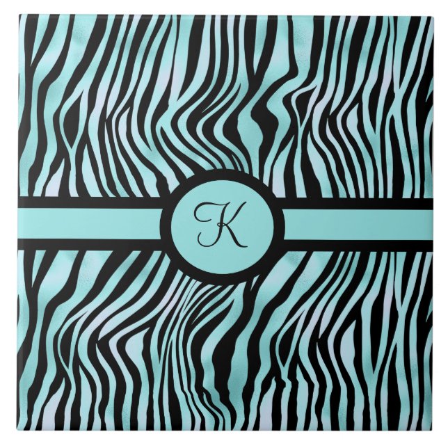 Monogram Zebra print Schwarz und Aquamarin Türkis Fliese (Vorderseite)