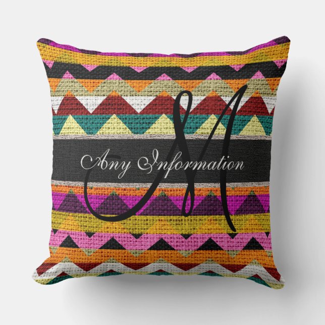 Monogram Zickzack Burlap Rustic #7 Kissen (Vorderseite)