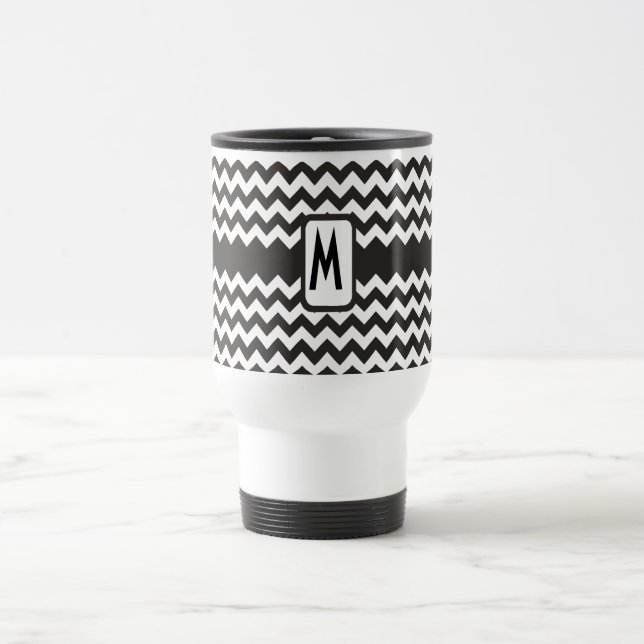 Monogram Zigzag Travel Mug: Schwarze, weiße Chevro Reisebecher (Mittel)