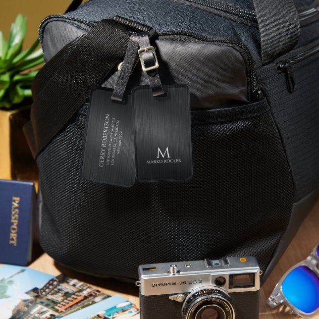 Monograme Black Gray Brushed Aluminum Texture Gepäckanhänger (Vorderseite & Rückseite)