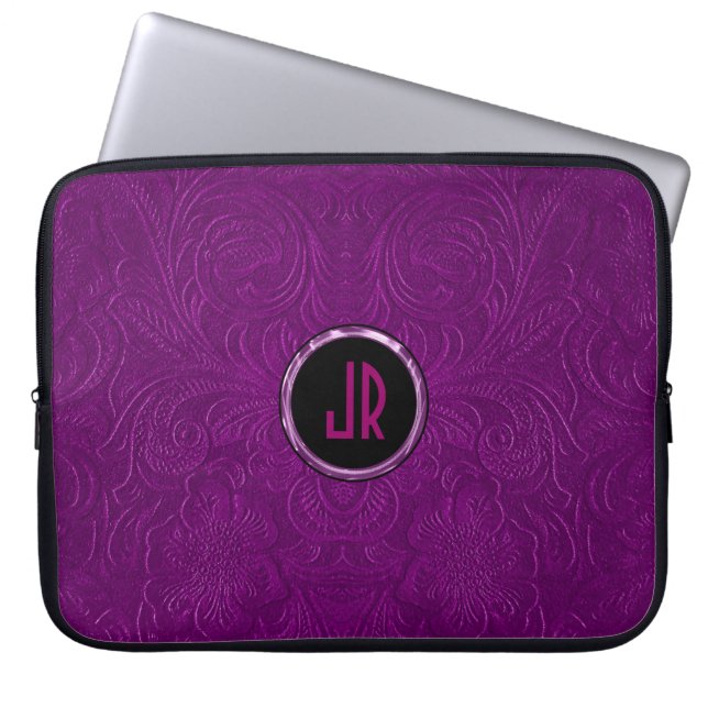 Monogramed Deep Lila Sleder Leder Leder Blumendesi Laptopschutzhülle (Vorderseite)