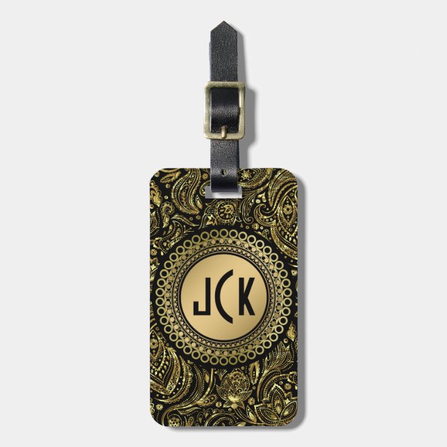 MonogramedBlack & Gold Vintag Floral Paisley Gepäckanhänger (Vorderseite vertikal)