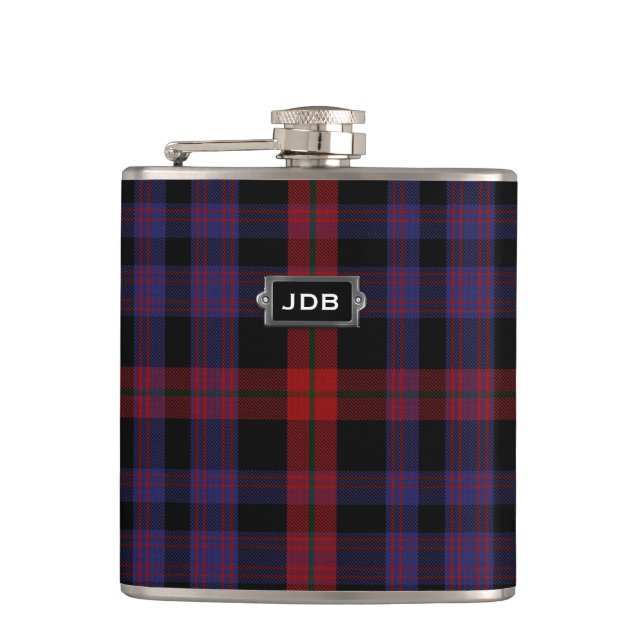 Monogramierter Clan Brown Tartan Kariert Flasche Flachmann (Vorderseite)
