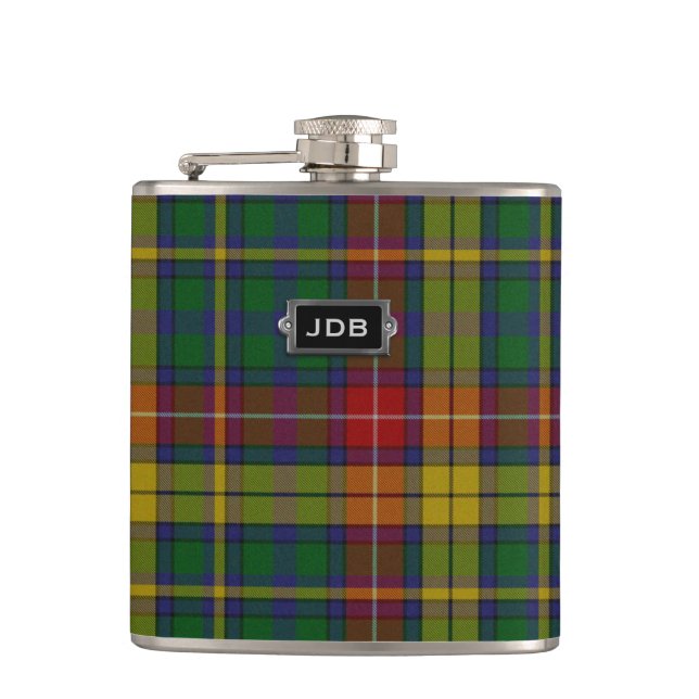 Monogramierter Clan Buchanan Tartan Kariert Flask Flachmann (Vorderseite)