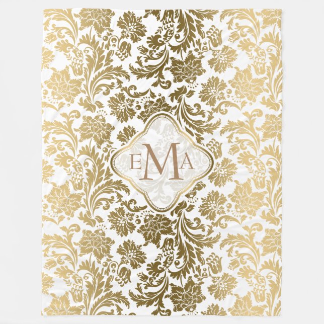 Monogramierter Gold- und White Floral Damask Fleecedecke (Vorderseite)
