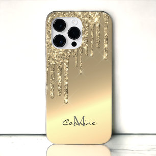 Monogramm 14k Gold seitlich tropfender Glitter And iPhone 14 Pro Max Hülle