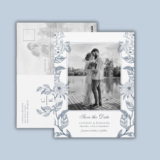 Monogramm 2 Foto Französisch Blau Hochzeit Termin Postkarte