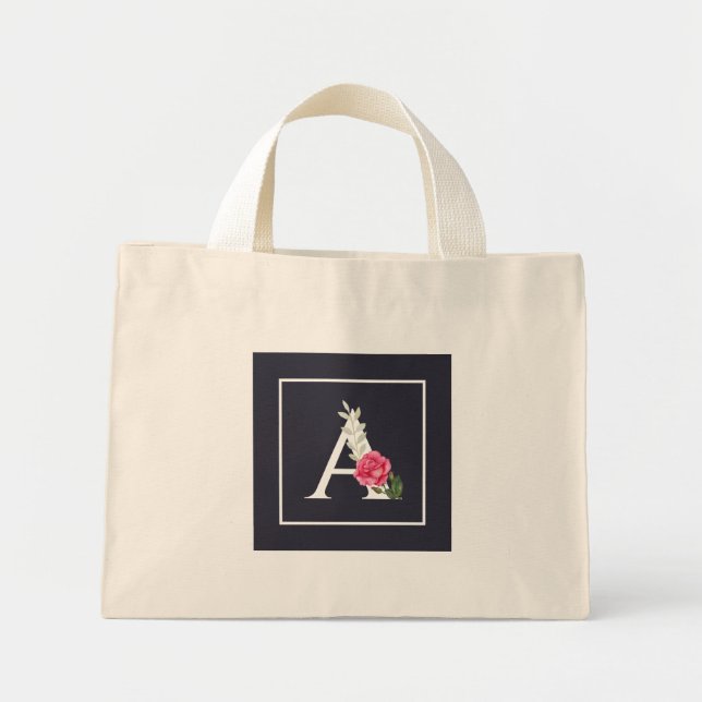Monogramm A in Weißrosa Rose und Blätter Dunkelgra Mini Stoffbeutel (Vorne)