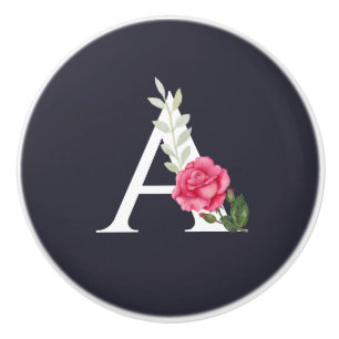 Monogramm A in weißrosa Rose und Blätter Keramikknauf